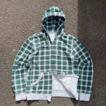 00s archive 지퍼 후드티 체크 그린 짧은 기장 y2k 더블 지퍼