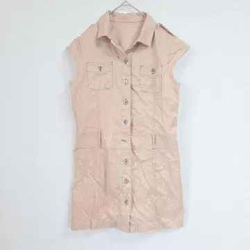 코튼 베이지 반팔 튜닉 원피스 M 무릎 기장 프론트 오픈