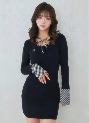 다리치 체크 리본 니트 미니 원피스