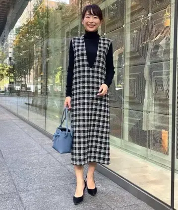 Demi-Luxe BEAMS 정가 3.5만 체크 트위드 V넥 원피스