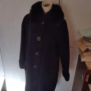 블랙 울 롱 코트 퍼 포함