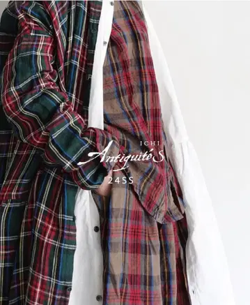 ichi Antiquites 린넨 체크 셔츠 원피스