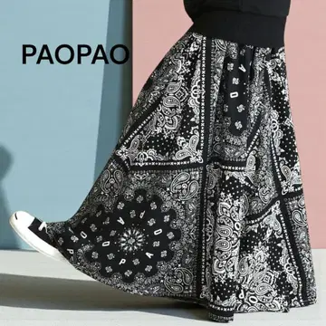 새상품급 PAOPAO 파오파오 롱 스커트 페이즐리 반다나 패턴 로고 블랙