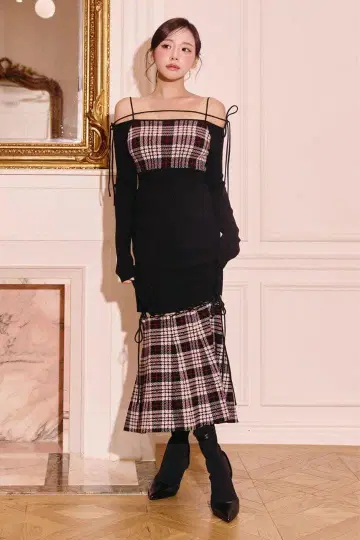 Randy 스트링 코어 격자 무늬 머메이드 원피스