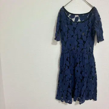 네이비 꽃무늬 레이스 반팔 원피스 스커트 블루 레이스 원피스