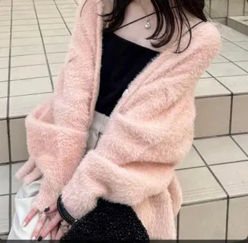 hinari 샤기 니트 가디건 핑크