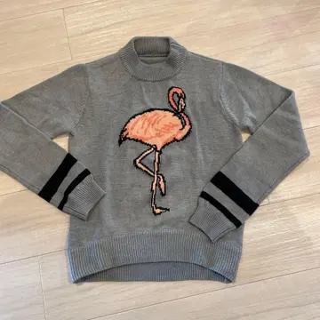 플라밍고 자수 그레이 니트 스웨터 긴팔