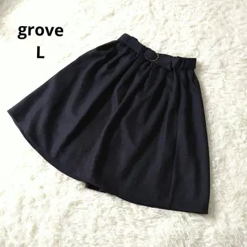 grove 네이비 트위드 플레어 스커트 L 허리밴딩 벨트 있음