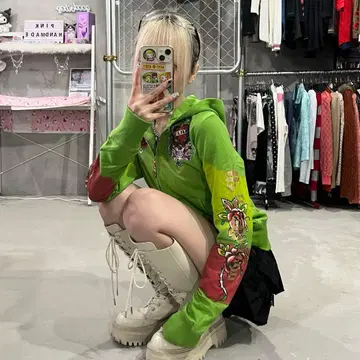 에드하디 edhardy 지퍼 후드티 레어 디자인 그린 반짝이