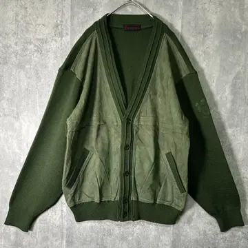 레어 인조 가죽 절개 니트 가디건 자수 그린