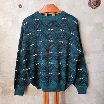 90s USA 구제 의류 BASICS 총 패턴 니트 L 그린 빈티지