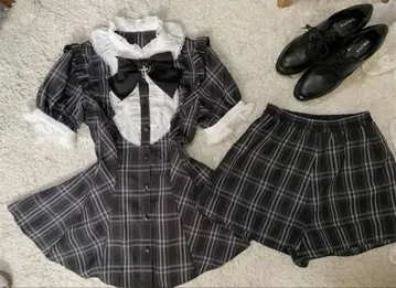 반팔 여성용 블랙 체크 셋업 리본 양산형 지뢰계