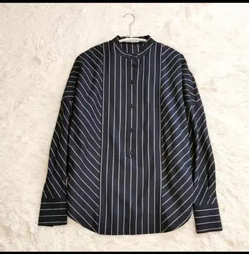 EQUIPMENT 에키프몬 울 혼방 네이비 스트라이프 셔츠 밴드 카라