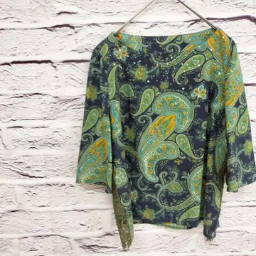 R4616 7부 소매 오버 블라우스 페이즐리 패턴 레이스 네이비 x 그린