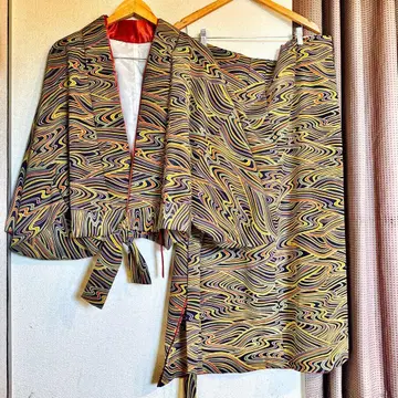 멀티 컬러 물결 무늬 겉옷 랩 스커트 세트