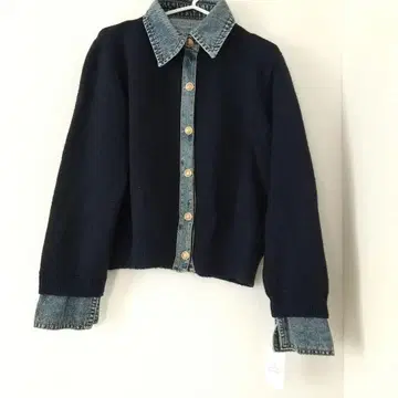 데님 절개 니트 가디건 네이비