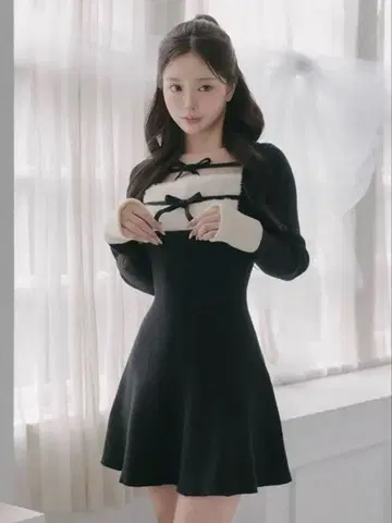 darich 리본 퍼 플레어 니트 미니 원피스 다리치 F