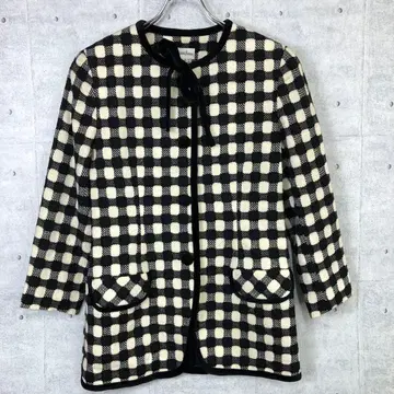 Neiman Marcus 구제 의류 리본 달린 노카라 체크 자켓