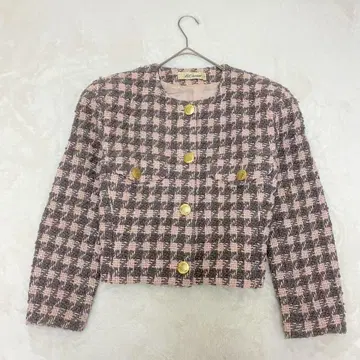 루이 샨탄 노카라 트위드 자켓 골드 버튼 체크 무늬 긴팔