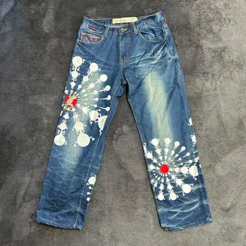 산마루이치 아트 디자인 포인트 자수 데님 팬츠 유즈드 가공