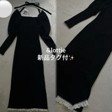 새상품 안드로티 리브 프릴 롱 원피스 벨로아 리본 슬릿 블랙