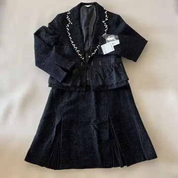 페어리 그런지 블랙 트위드 펄 장식 셋업 펄 레이스 리본