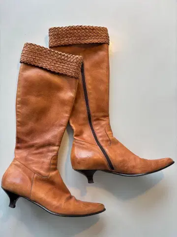 뜨개질 브라운 가죽 롱 부츠