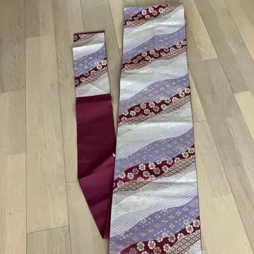 연보라와 빨간색 스트라이프 무늬 순수 실크 나고야 오비