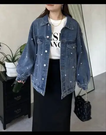 데님 자켓 M 사이즈 펄 장식