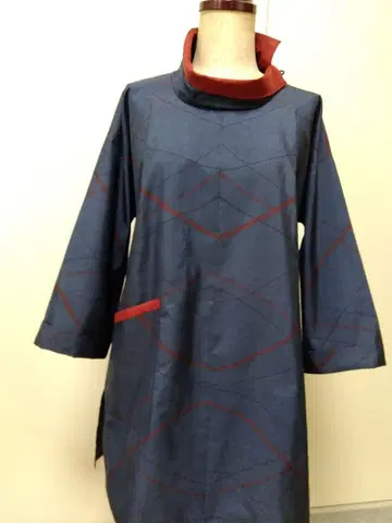 기모노 오시마 명주 리메이크 - * - 넉넉한 스탠드 카라 튜닉