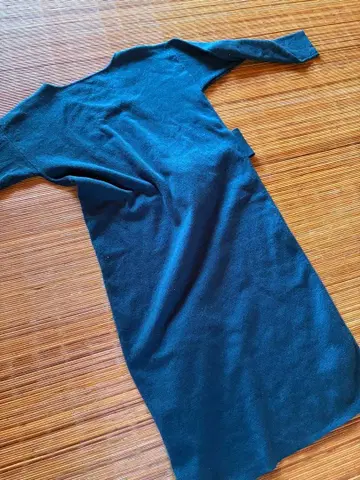 다크 블루 V넥 롱 원피스 허리 리본 포함