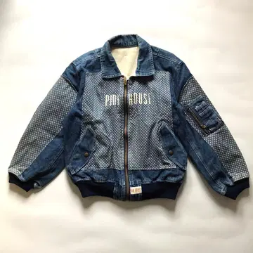 레트로 핑크하우스 로고 데님 지퍼 자켓 도트 절개 블루