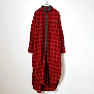 미디움 롱 셔츠 빨간색 체크 면 100% 상의 긴팔 일본제 겉옷