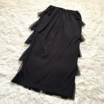 OJOu 티어드 디자인 프릴 튤 블랙 타이트 롱 스커트