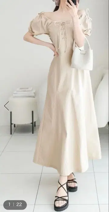 면 100% 오프숄더 2way 레이스업 코튼 원피스