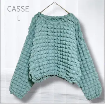 카세 요철 엠보싱 가공 볼륨 슬리브 풀오버 탁한 블루 L