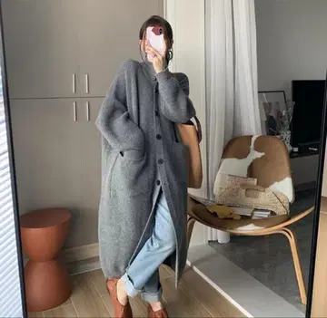 니트 가디건 터틀넥 롱 기장 무지 긴팔 상의 그레이