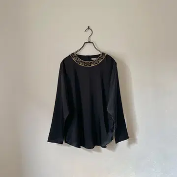 빈티지 새틴 노카라 블라우스 블랙 금 포멀 세레모니 결혼식