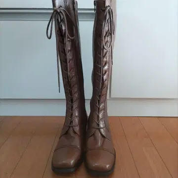[ 미사용 ] 브라운 레이스업 롱 부츠 23cm 사바사바