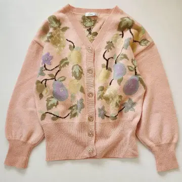 나이가이 cree 뜨개질 가디건 핑크 울 실크 후르츠 꽃무늬