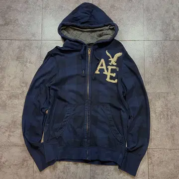 아메리칸 이글 네이비 체크 무늬 지퍼 후드티