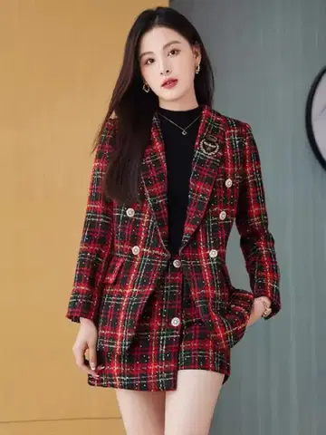 레드 체크 셋업 자켓 숏팬츠