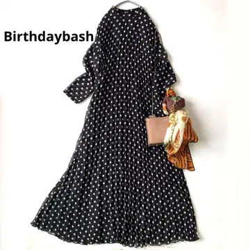 새상품급 벌스데이 바쉬 플리츠 도트 무늬 롱 원피스 쉬폰 블랙 S