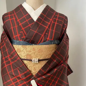 기모노 코몬 격자 체크 브라운 빨간색 KIMONO