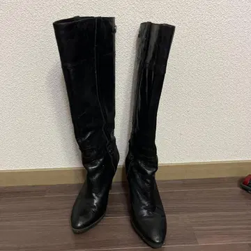 블랙 가죽 롱 부츠 하이힐 버클 장식 겨울 밑창 사용