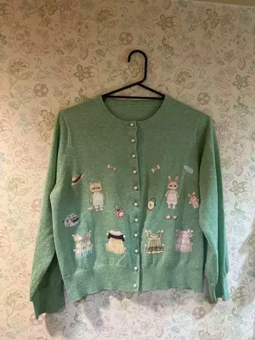 yukiemon 그린 컬러 동물 자수 가디건
