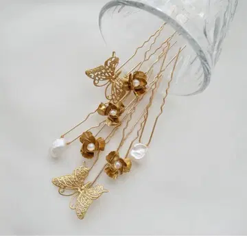 paru amour 파므아무르 골드 나비 꽃 담수 펄 헤어핀 8개