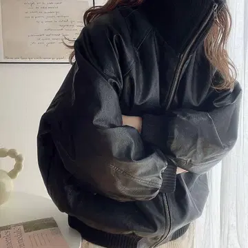자바 여성용 가죽 자켓 오버 사이즈 블랙