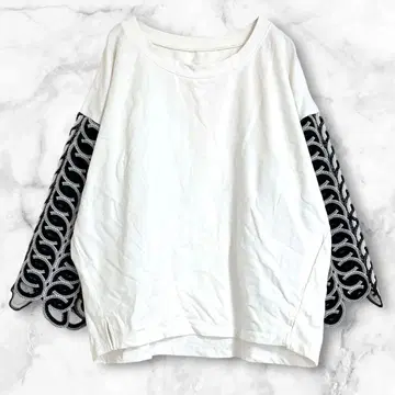 잠파 화이트 블랙 긴팔 티셔츠 비침 소매 시스루 코튼 혼방 M