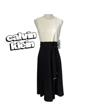 [새상품] calvin klein 택 포함 화이트 블랙 플레어 원피스 M